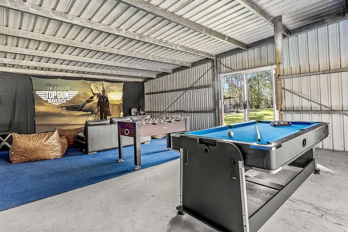 Games room with pool table at Jervis Bay farm retreat